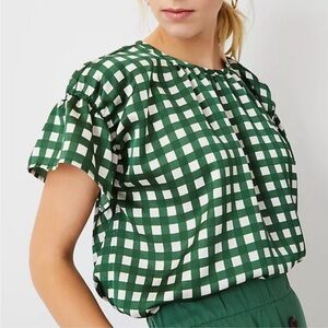 Ann Taylor Green and cream check Short Sleeve satin Blouse